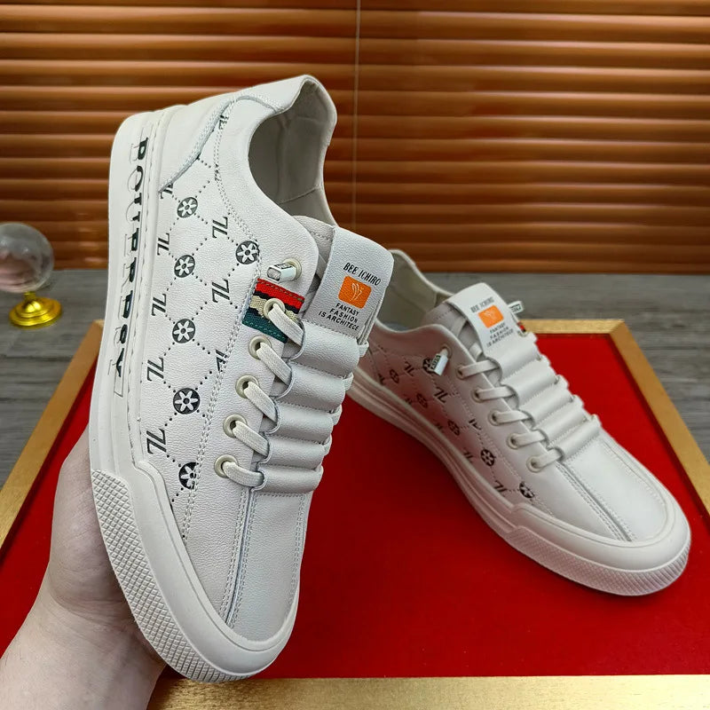Noxwear - European New Shoes for Men Genuine Leather Casual Shoes Trend Print Flats Skateboard Shoes Youth Street Sneakers