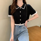 Noxwear Sweet Women Shirt Korean Knitted Turn Down Collar Chic Short Sleeve Female Blouse Summer Retro Slim All Match Ladies Crop Tops