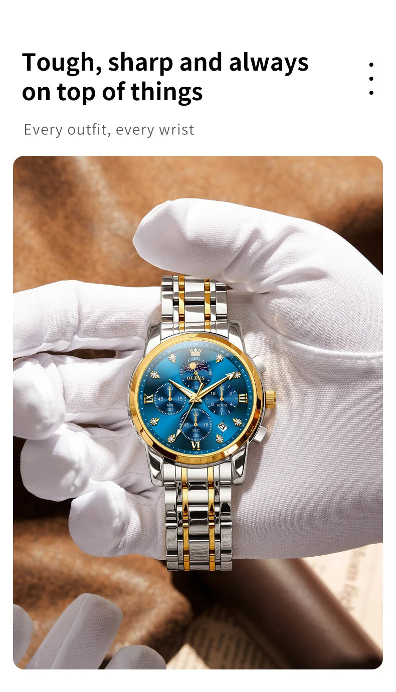 Noxwear - OLEVS Top Luxury Brand Men's Watches Moon Phase Chronograph Quartz Watch for Man Gold Stainless Steel Luminous Original Watch