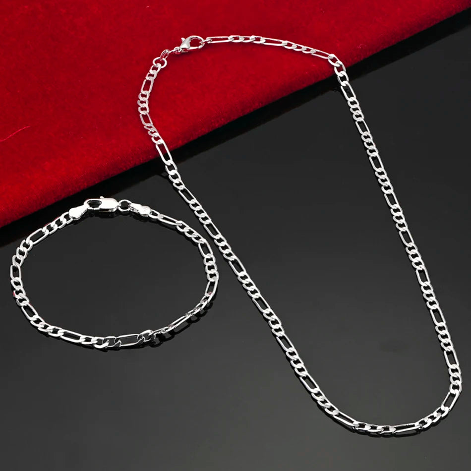 Noxwear - Noble new arrive 925 sterling silver 4MM chain for men Women Bracelet Necklace jewelry set lady Christma gifts charms wedding
