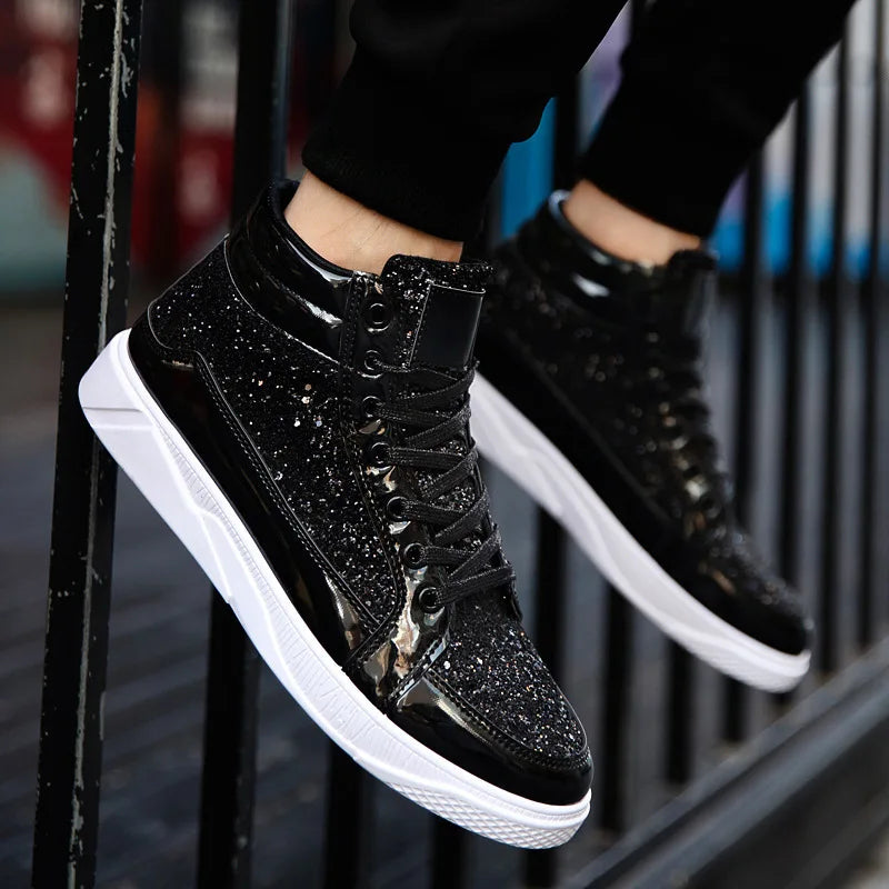 Noxwear - Men's Boots Nightclubs Fashiona Sequins With Diamonds Gold Leather Boots Trendy High Top Sports Casual Shoes Large Size 38-48