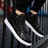 Noxwear - Men's Boots Nightclubs Fashiona Sequins With Diamonds Gold Leather Boots Trendy High Top Sports Casual Shoes Large Size 38-48