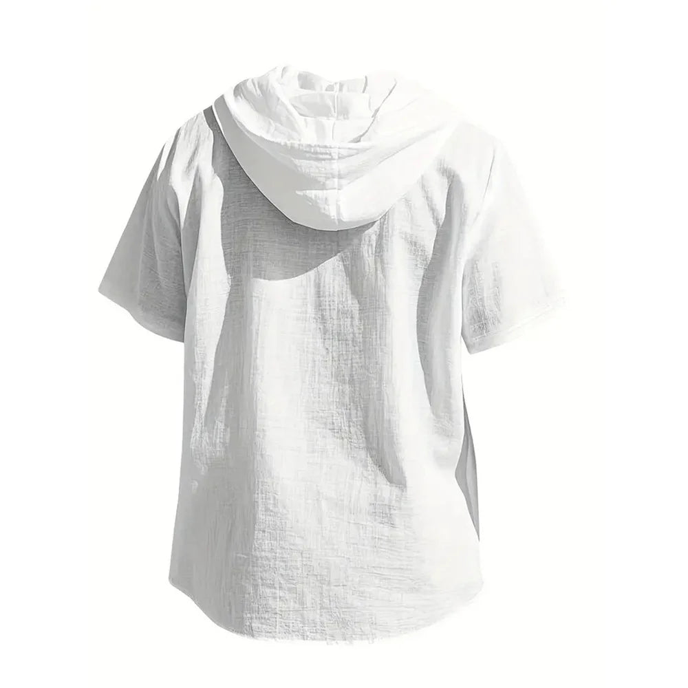 Noxwear -  Cotton Linen Shirt for Men Hooded Short Sleeve Solid Color Breathable Lightweight Drawstring Design Shirts Casual Basic Tees
