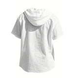 Noxwear -  Cotton Linen Shirt for Men Hooded Short Sleeve Solid Color Breathable Lightweight Drawstring Design Shirts Casual Basic Tees