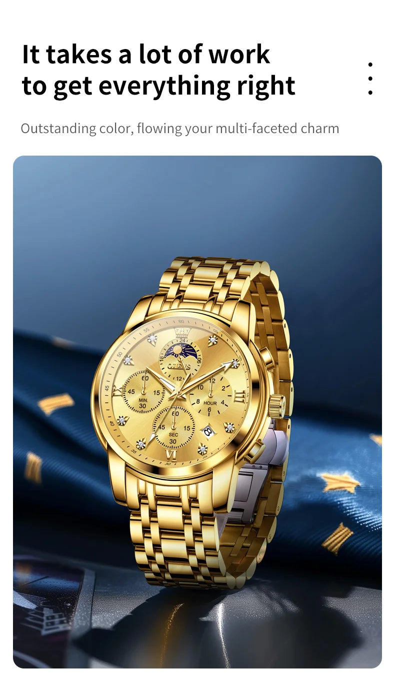 Noxwear - OLEVS Top Luxury Brand Men's Watches Moon Phase Chronograph Quartz Watch for Man Gold Stainless Steel Luminous Original Watch