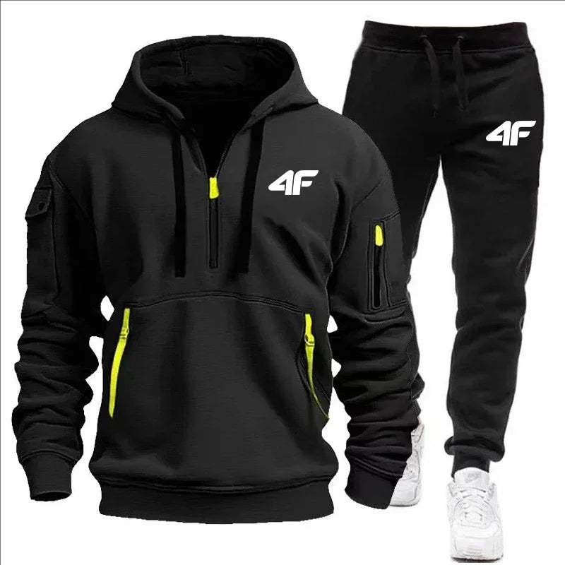 Noxwear-Men's tracksuit zipper hood multi-pocket and protective pants casual jogging tracksuit fall/winter 2-piece setLarge size S-3XL