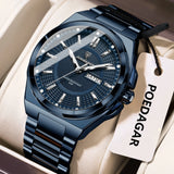 Noxwear - POEDAGAR Sport Original Men Clock Quartz Date Week Luxury Man Wristwatch Waterproof Luminous Stainless Steel Men's Watches Reloj