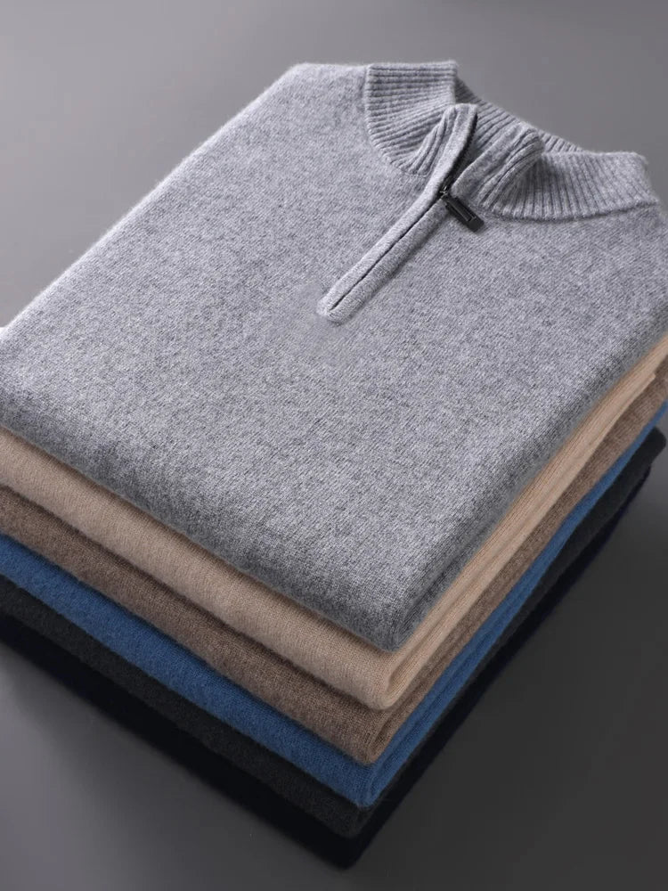 Noxwear - CHICUU Men's 100% Cashmere Sweater Zipper Pullover Mock Neck Long Sleeve Basic Cashmere Knitwear Autumn Winter Clothing Tops