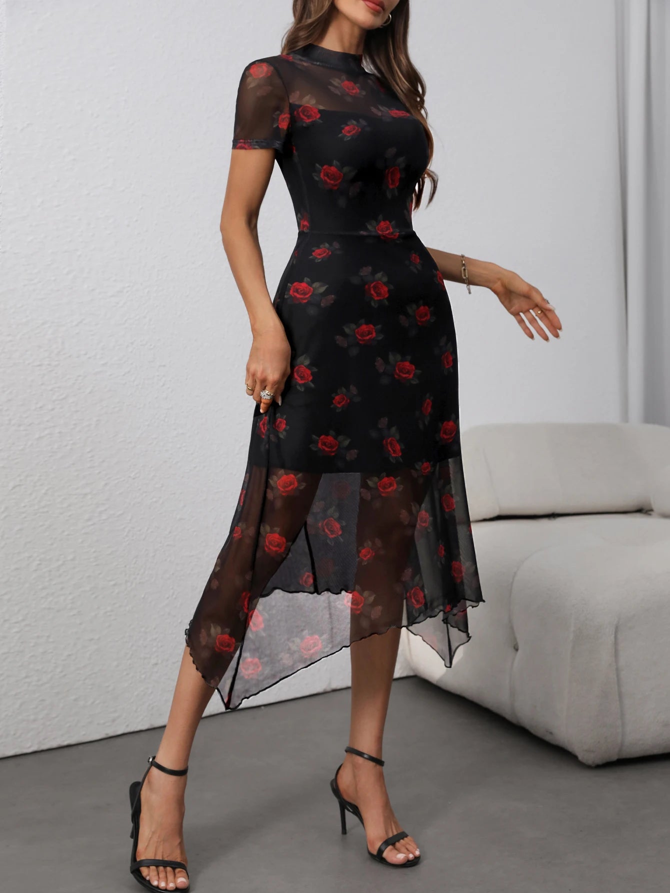 Noxwear Goth Dark Elegant Fashion Florals Print Short Sleeve Mid Dress Fairy Grunge Mesh Patchwork Double Layer Dresses Gothic Techwear