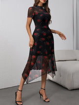 Noxwear Goth Dark Elegant Fashion Florals Print Short Sleeve Mid Dress Fairy Grunge Mesh Patchwork Double Layer Dresses Gothic Techwear
