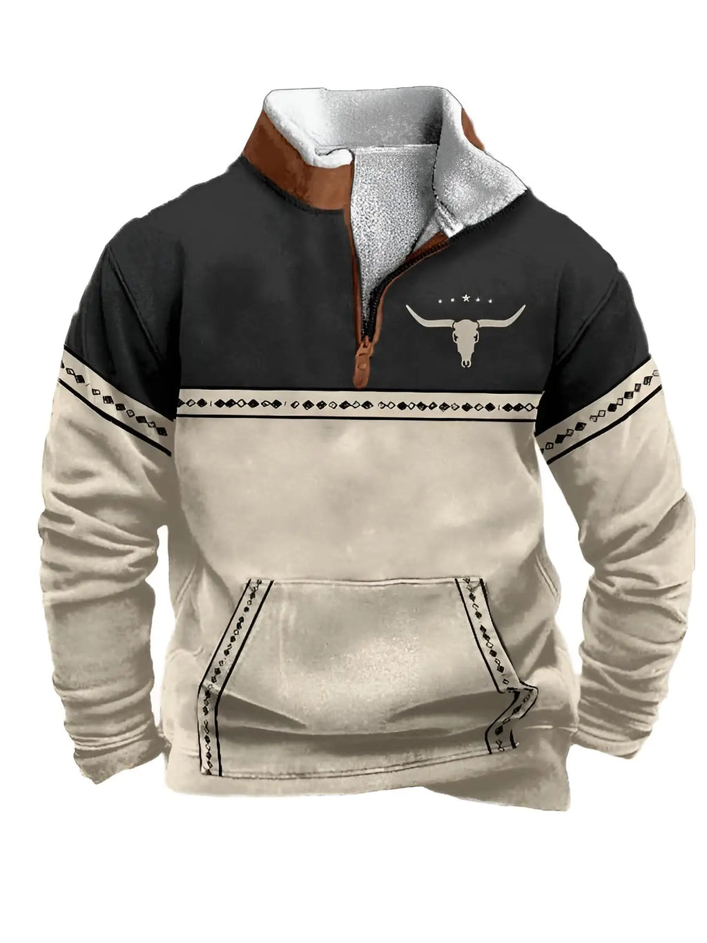 Noxwear - Men'S Vintage Western Hoodie with Aztec Cowboy Design - Beige & Gray Zip-Up Pullover with Pockets, Casual Long Sleeve Outdoor We