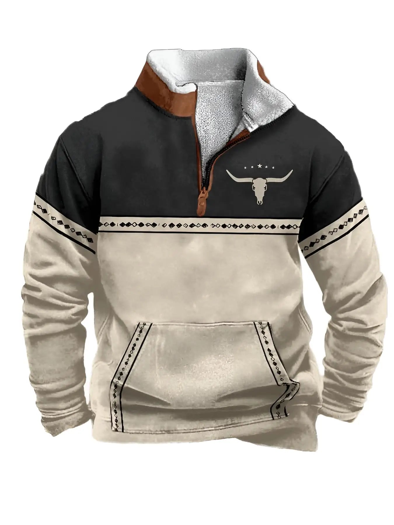 Noxwear - Men'S Vintage Western Hoodie with Aztec Cowboy Design - Beige & Gray Zip-Up Pullover with Pockets, Casual Long Sleeve Outdoor We