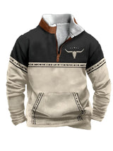 Noxwear - Men'S Vintage Western Hoodie with Aztec Cowboy Design - Beige & Gray Zip-Up Pullover with Pockets, Casual Long Sleeve Outdoor We