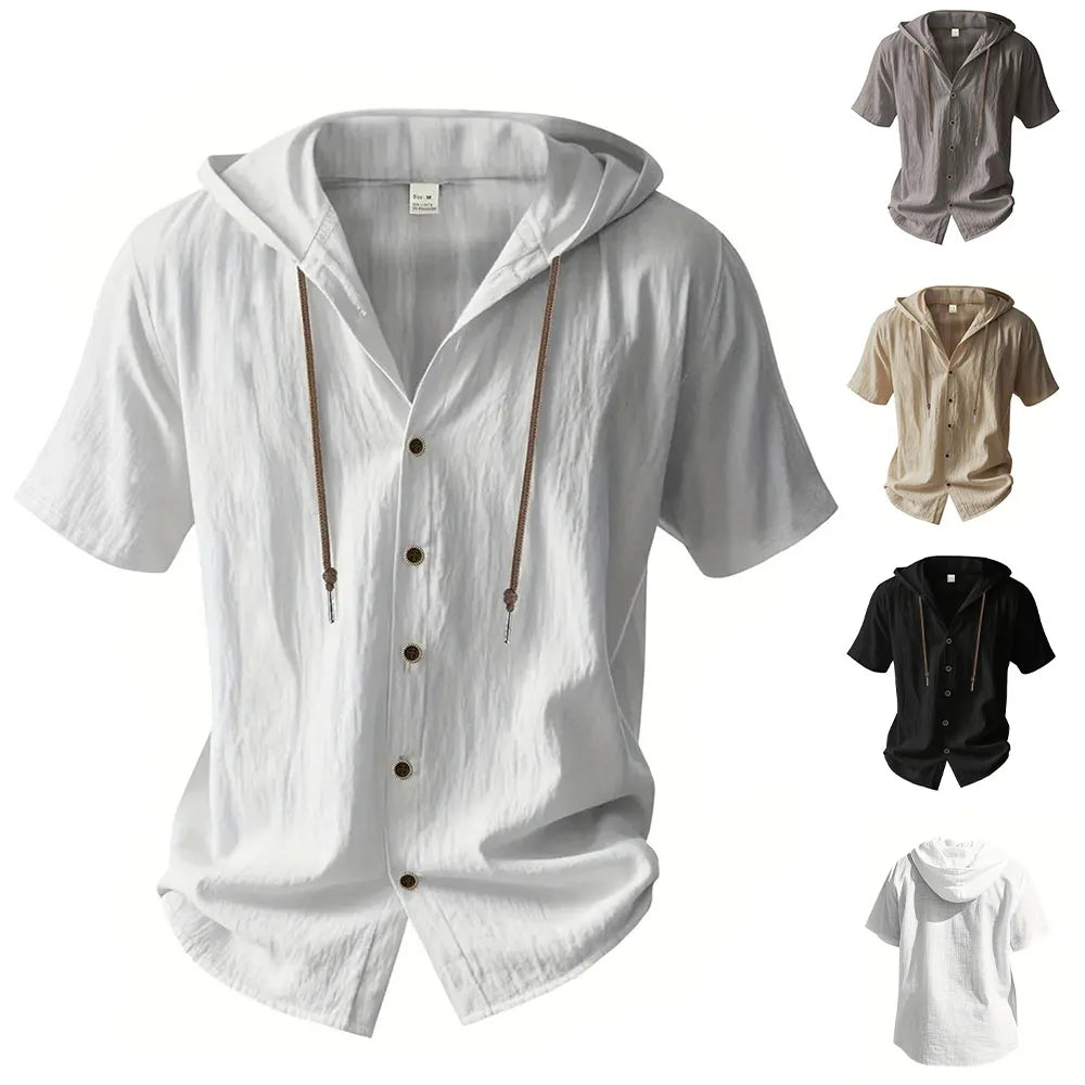 Noxwear -  Cotton Linen Shirt for Men Hooded Short Sleeve Solid Color Breathable Lightweight Drawstring Design Shirts Casual Basic Tees