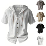 Noxwear -  Cotton Linen Shirt for Men Hooded Short Sleeve Solid Color Breathable Lightweight Drawstring Design Shirts Casual Basic Tees