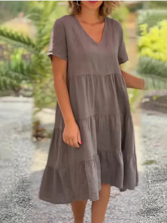 Noxwear Cotton Linen Casual Women's Dresses 2025 Spring/Summer Sweet  Short Sleeve Solid V-neck Large Swing Loose Dress  S-5XL
