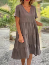 Noxwear Cotton Linen Casual Women's Dresses 2025 Spring/Summer Sweet  Short Sleeve Solid V-neck Large Swing Loose Dress  S-5XL