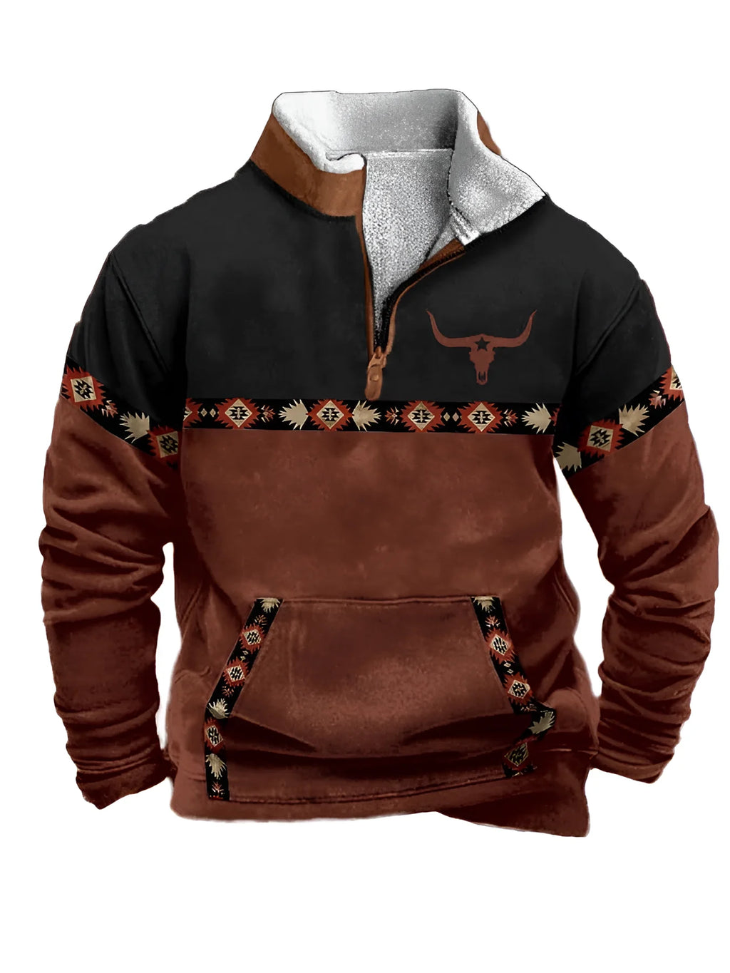Noxwear - Men'S Vintage Western Hoodie with Aztec Cowboy Design - Beige & Gray Zip-Up Pullover with Pockets, Casual Long Sleeve Outdoor We