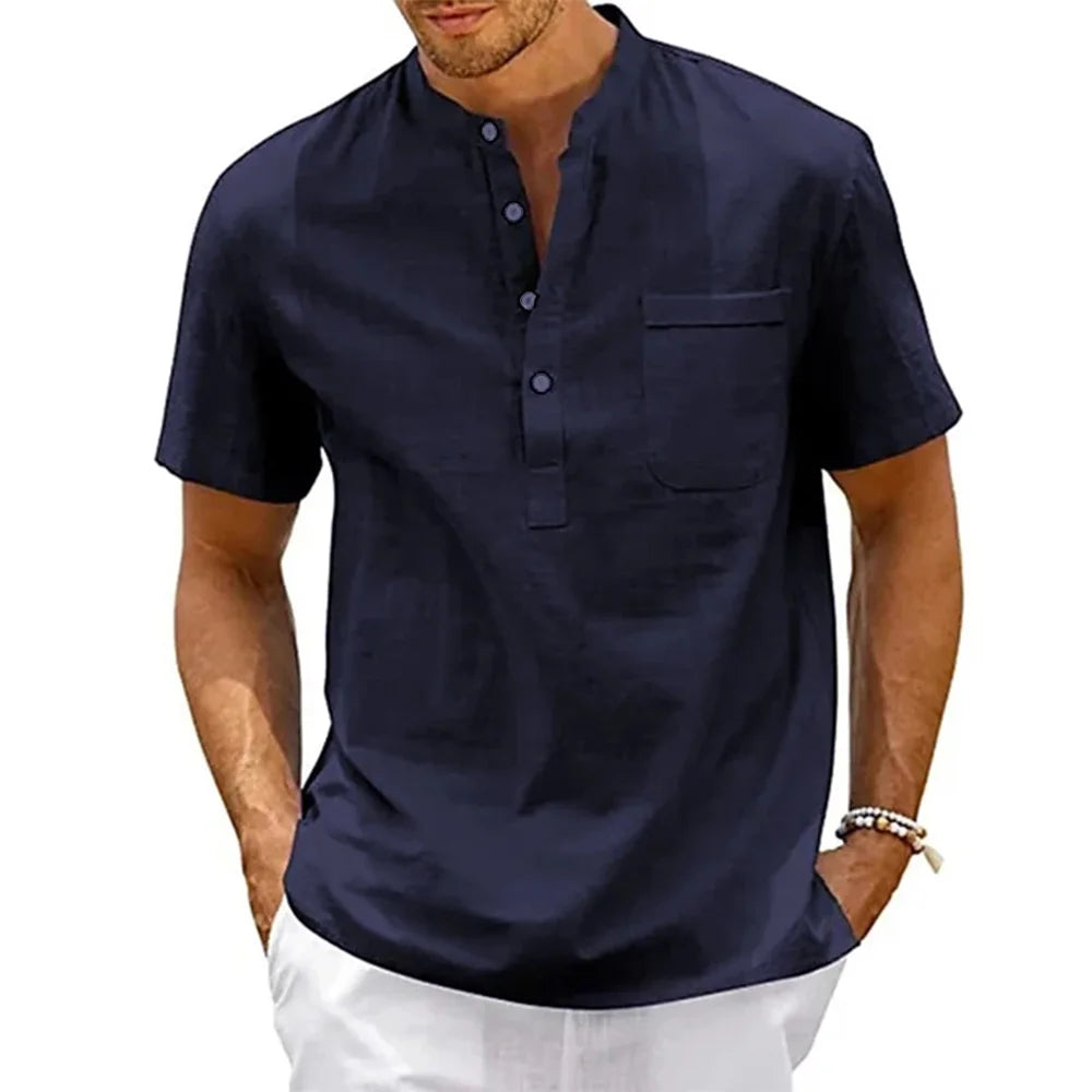Noxwear - Cotton Linen Shirt Men Henley Neck Pocket Casual Beach Short Sleeve Solid Color Male Tops T-shirts Vintage Streetwear