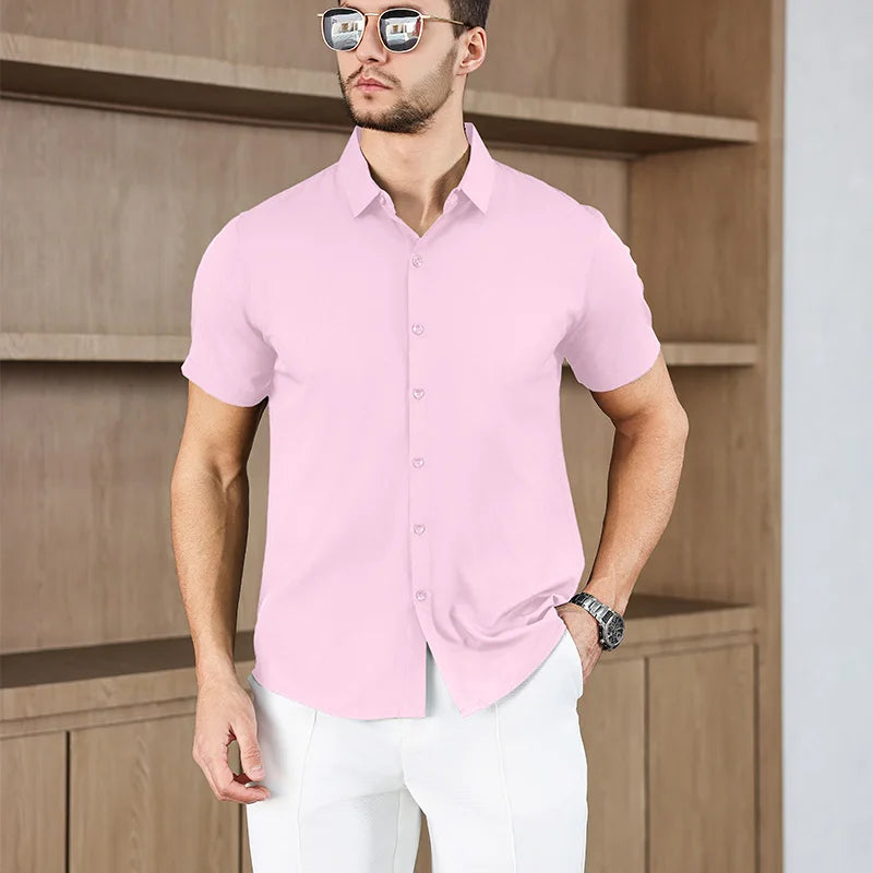 Noxwear -New Men's Business Casual Solid Color Short Sleeved Shirt for Summer Fashion No Ironing Comfortable and Versatile Top