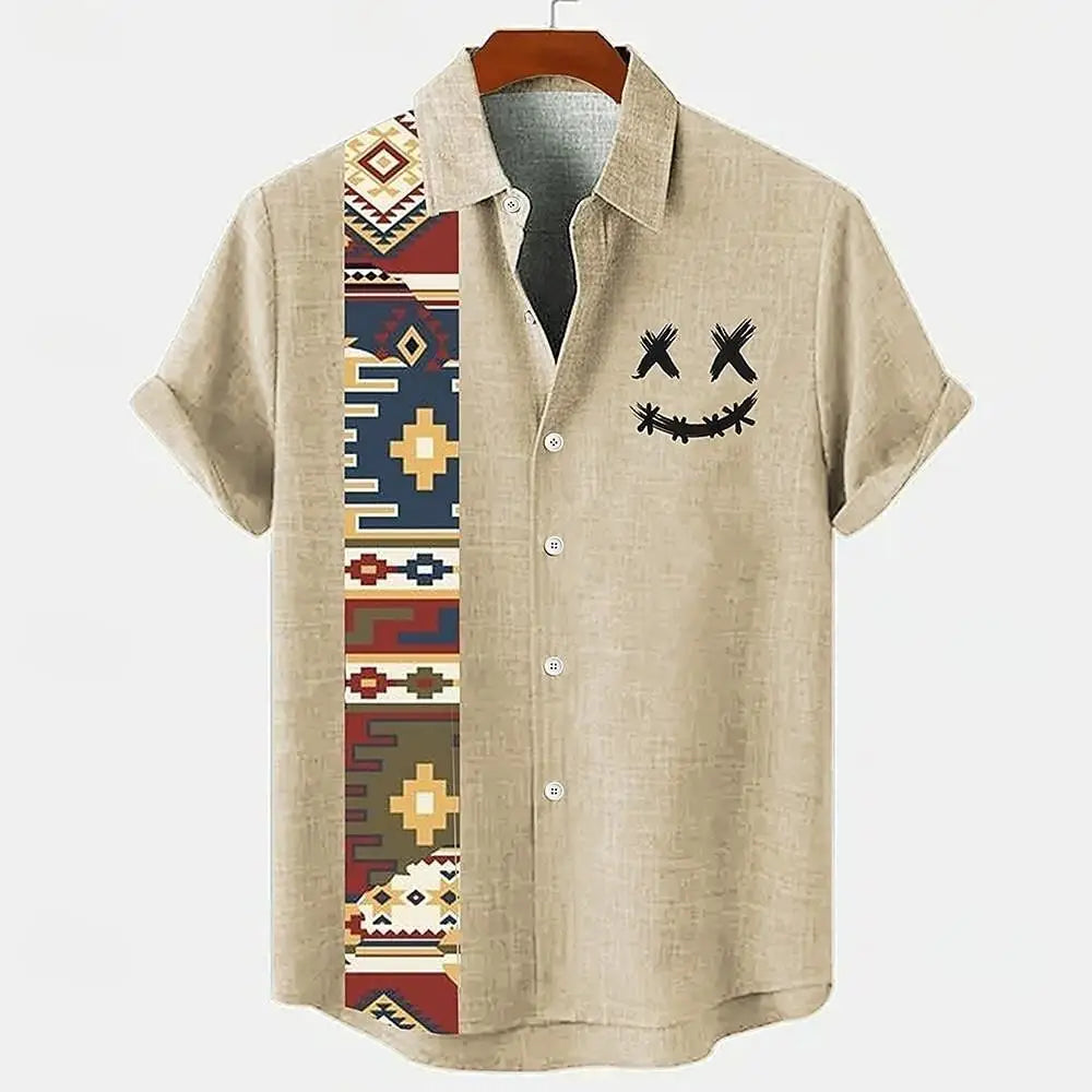Noxwear - Vintage pattern print, fashionable men's short sleeved shirt, loose top, outdoor street, casual and comfortable