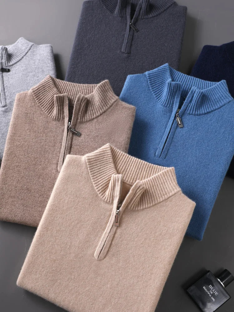 Noxwear - CHICUU Men's 100% Cashmere Sweater Zipper Pullover Mock Neck Long Sleeve Basic Cashmere Knitwear Autumn Winter Clothing Tops