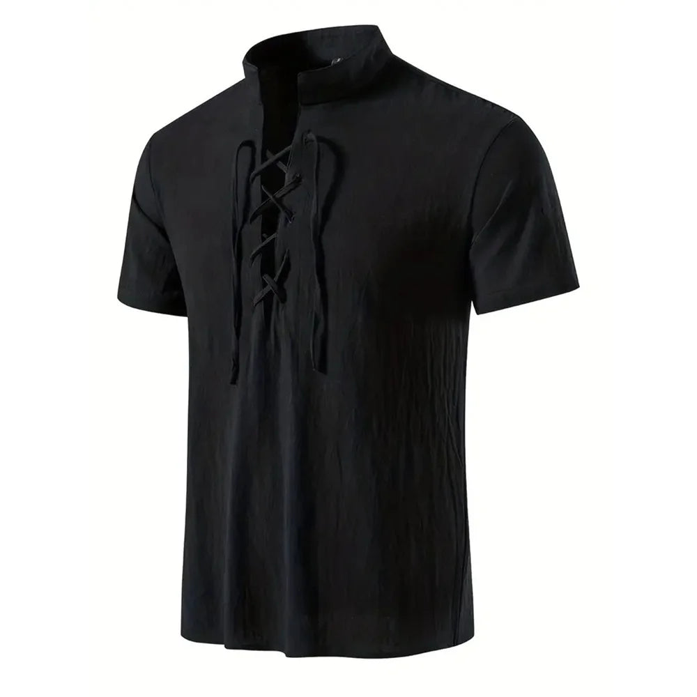 Noxwear - Men's Retro Shirt Short Sleeve Cotton Linen Lightweight Breathable Solid Color Fashion Tops Pirate V-neck Male Stylish Shirs