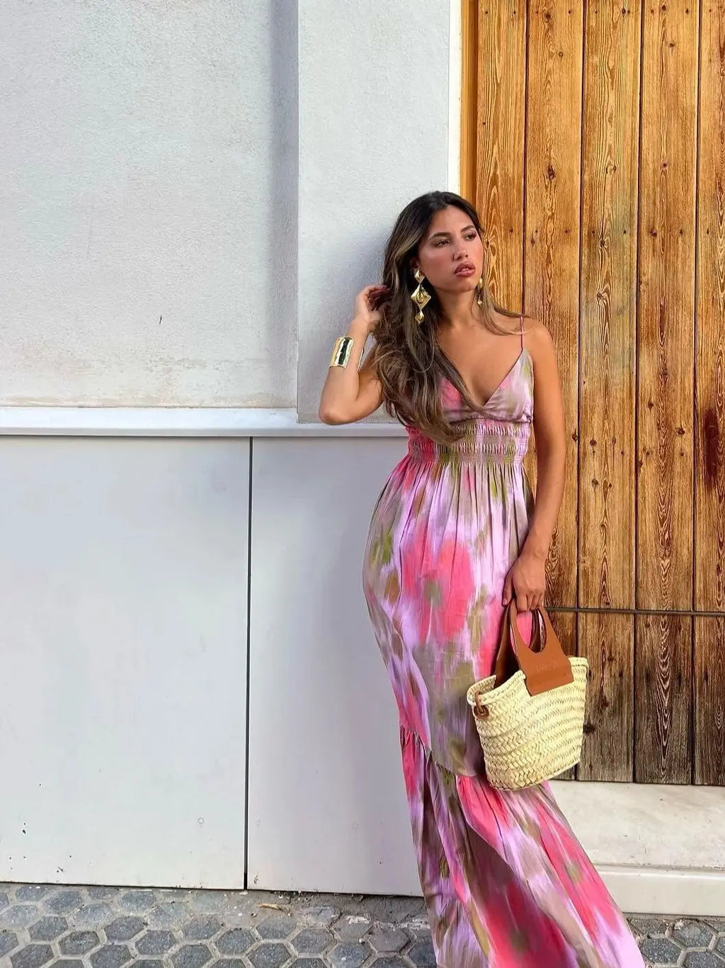 Noxwear Fashion Printed Elastic Waist Backless Dress Women Lace Up Vintage Straps V-Neck Midi Dresses Female Vacation Chic Beach Dresses