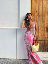 Noxwear Fashion Printed Elastic Waist Backless Dress Women Lace Up Vintage Straps V-Neck Midi Dresses Female Vacation Chic Beach Dresses