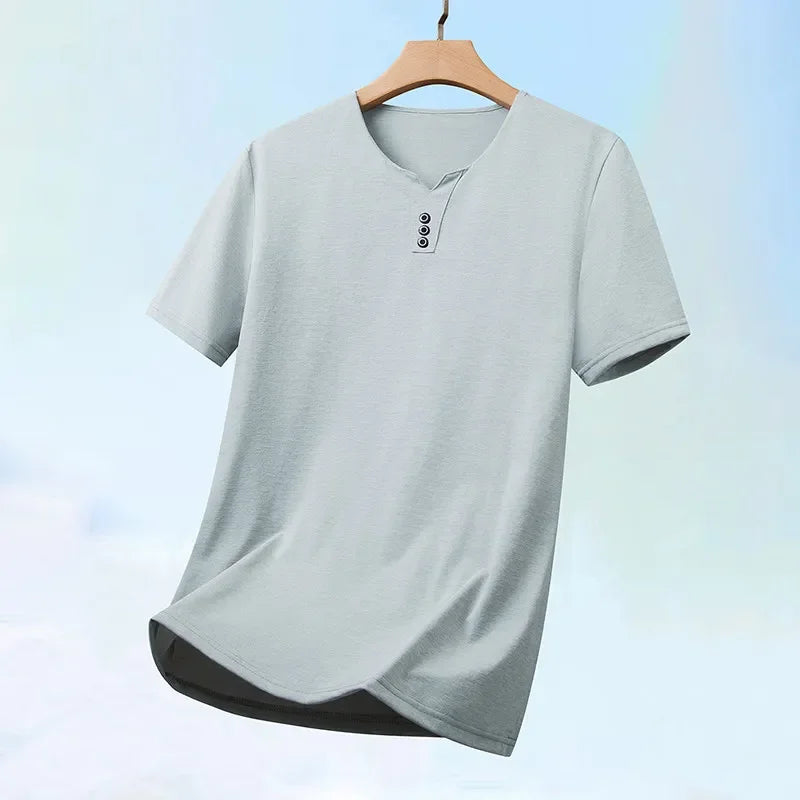 Noxwear - 2025 New Men's Business Casual Three Button V-neck Short Sleeved T-shirt Korean Style Summer Comfortable Versatile Top