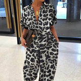Noxwear Summer Fashion V-Neck Button Lace-Up Jumpsuit Short Sleeve Loose Playsuit Overalls Women Elegant Leopard Print Pocket Rompers