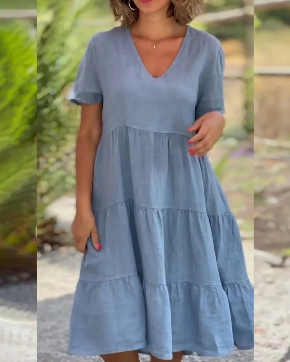 Noxwear Cotton Linen Casual Women's Dresses 2025 Spring/Summer Sweet  Short Sleeve Solid V-neck Large Swing Loose Dress  S-5XL