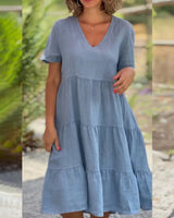 Noxwear Cotton Linen Casual Women's Dresses 2025 Spring/Summer Sweet  Short Sleeve Solid V-neck Large Swing Loose Dress  S-5XL
