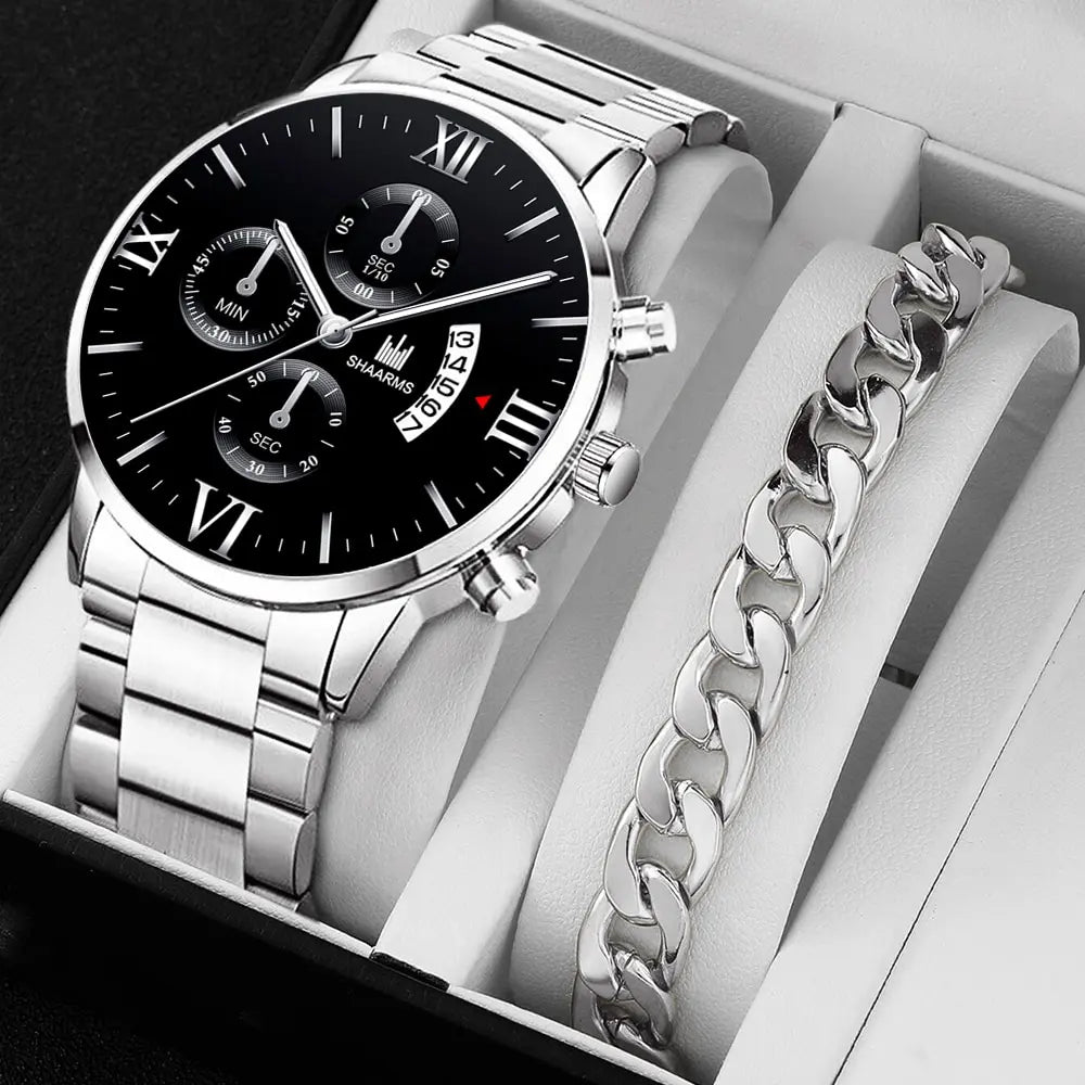 Noxwear -  Mens Fashion Business Quartz Watch Fashion Fake Three Eye Six Pin Calendar Men Watch Stainless Steel Belt Men Watches