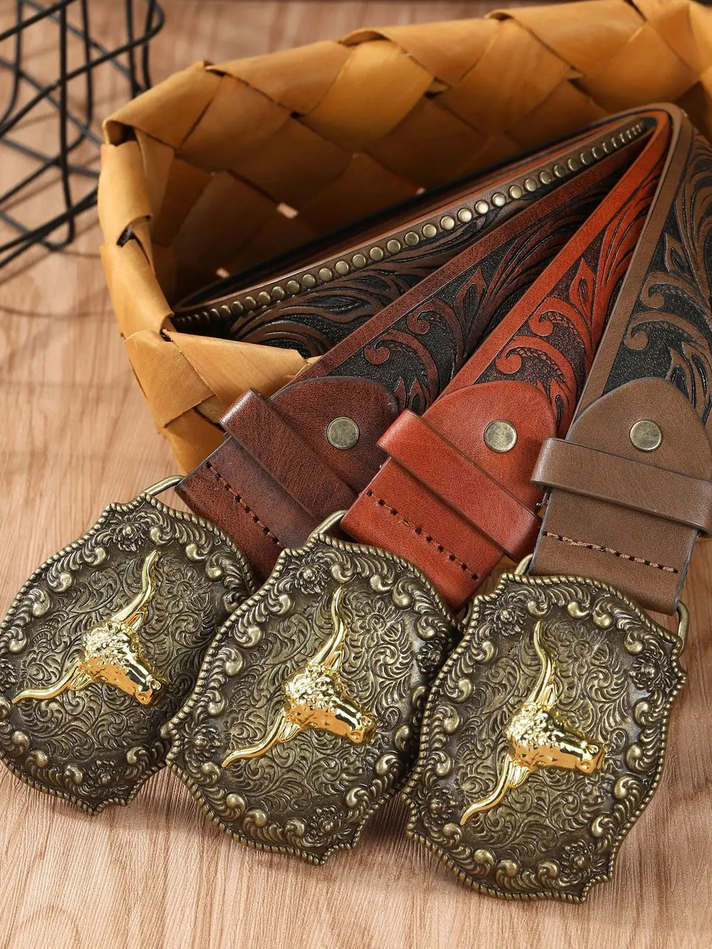 Noxwear - Western Cowboy Belt Cowhead Big Plate Buckle Trend Retro Belt Punk Style Pu Leather Belt