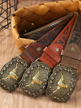 Noxwear - Western Cowboy Belt Cowhead Big Plate Buckle Trend Retro Belt Punk Style Pu Leather Belt