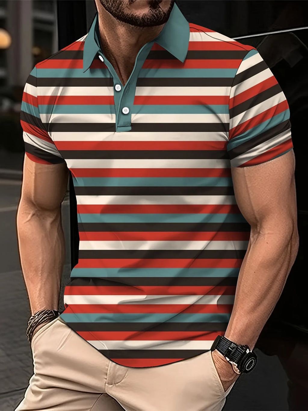 Noxwear - Men's Short Clothes Sleeved Lapel 3D Digital Printed Striped Polo Shirt Summer  Man's Business Casual Top Clothes Oversized