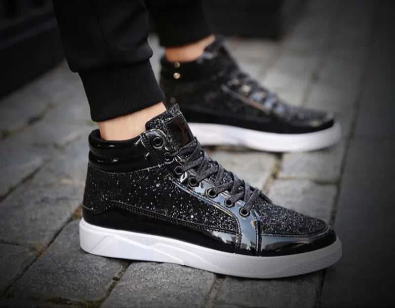 Noxwear - Men's Boots Nightclubs Fashiona Sequins With Diamonds Gold Leather Boots Trendy High Top Sports Casual Shoes Large Size 38-48