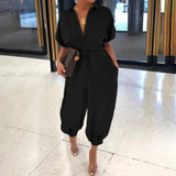 Noxwear Summer Fashion V-Neck Button Lace-Up Jumpsuit Short Sleeve Loose Playsuit Overalls Women Elegant Leopard Print Pocket Rompers