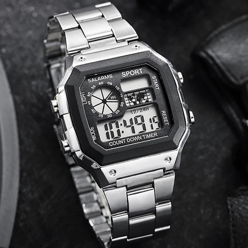 Noxwear - MAYZHISU Classic Men's Digital Watches Luxury Stainless Steel Strap Sport Watches Men Military Clock LED Sport Wristwatch