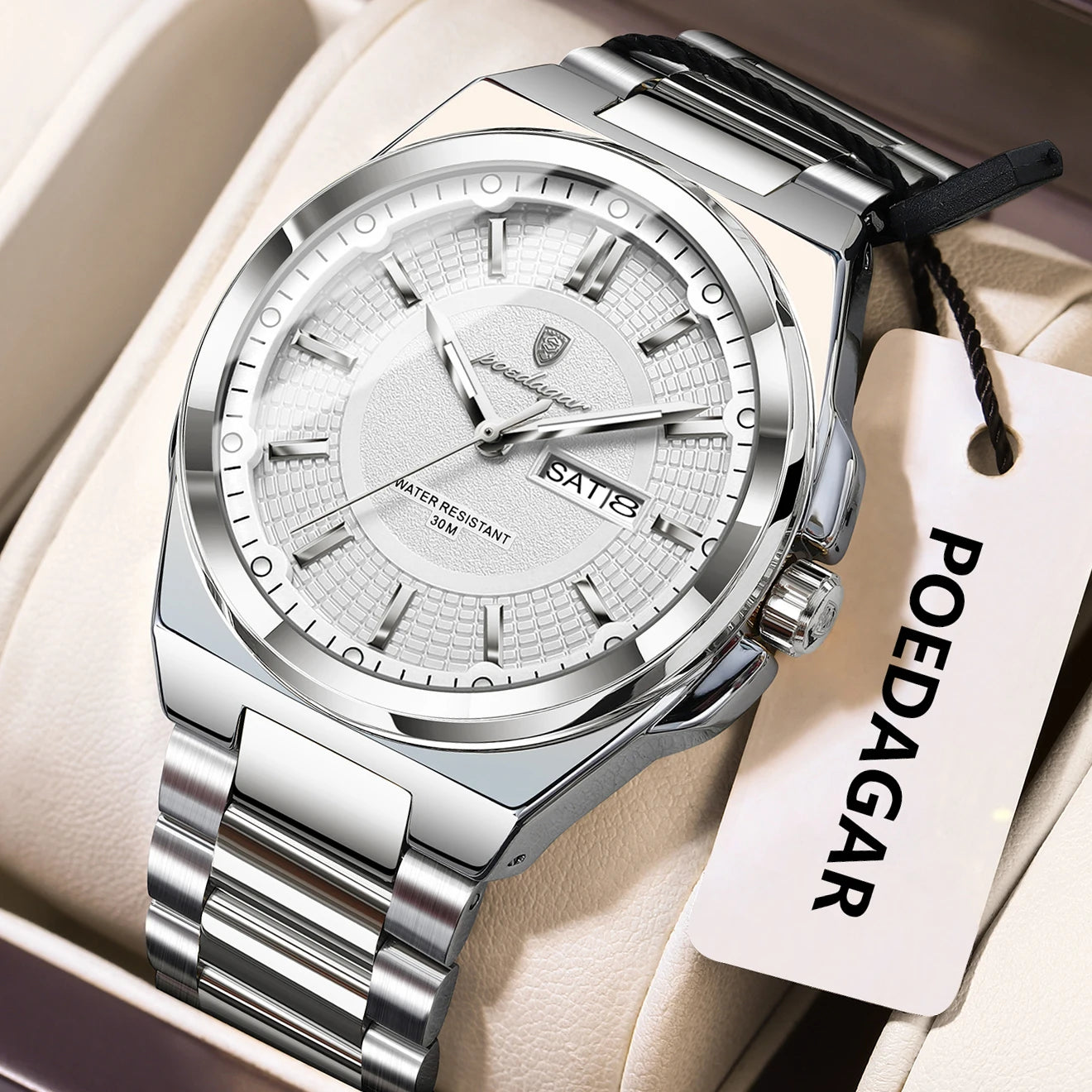 Noxwear - POEDAGAR Sport Original Men Clock Quartz Date Week Luxury Man Wristwatch Waterproof Luminous Stainless Steel Men's Watches Reloj