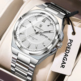 Noxwear - POEDAGAR Sport Original Men Clock Quartz Date Week Luxury Man Wristwatch Waterproof Luminous Stainless Steel Men's Watches Reloj