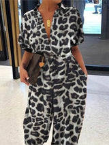 Noxwear Summer Fashion V-Neck Button Lace-Up Jumpsuit Short Sleeve Loose Playsuit Overalls Women Elegant Leopard Print Pocket Rompers