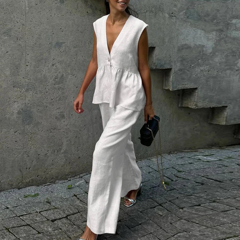 Noxwear Ladies Casual V Neck Sleeveless Top with Pants 2pc Sets Summer High Street Pocket Loose Outfit Elegant Button Solid Color Suit
