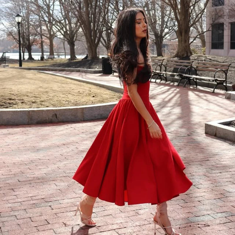 Noxwear Suninheart Spaghetti Strap Summer Party Dresses 2025 New Arrivals Fit and Flare Elegant Midi Dress Red Night Date Dress