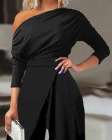 Noxwear 2025 Spring Jumpsuits for Women Plain Elegant Office Lady Loose Ruched One Shoulder Split Hem Wide Leg Jumpsuit