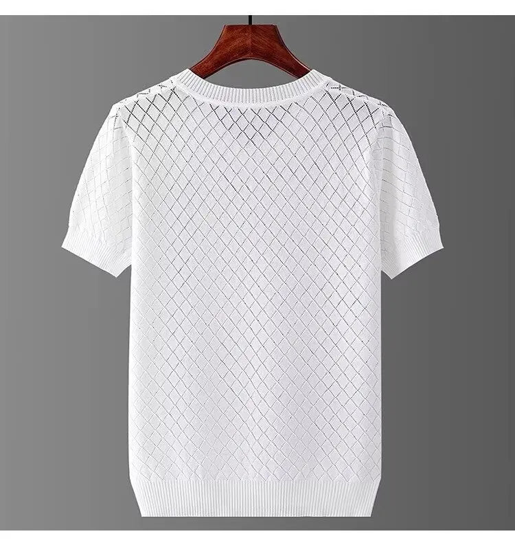 Noxwear - Men's Ice Silk Hollow V-neck T-shirt Top Summer Cool Thin Style Chicken Heart Short Sleeves Knitted Top