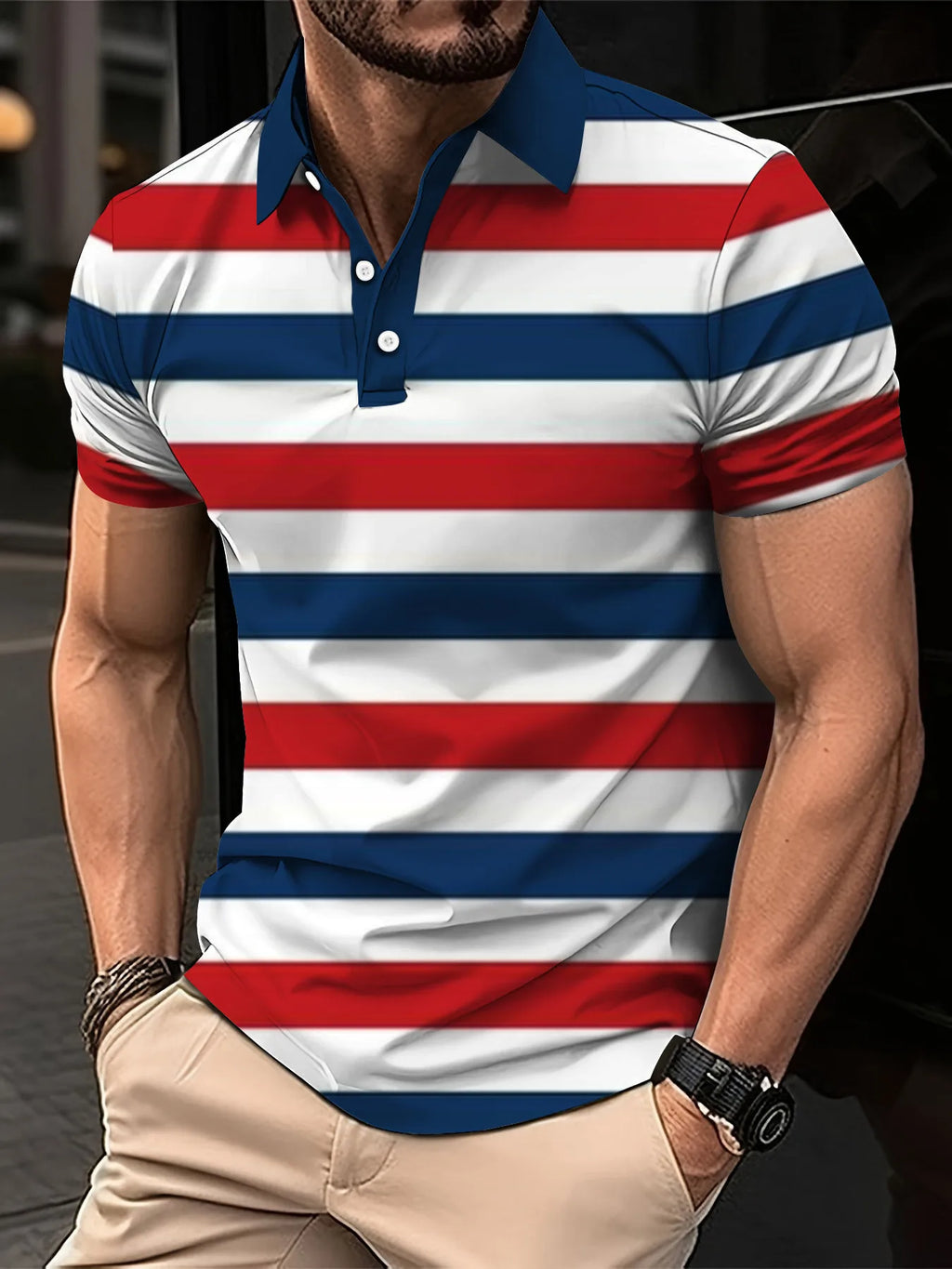 Noxwear - Men's Short Clothes Sleeved Lapel 3D Digital Printed Striped Polo Shirt Summer  Man's Business Casual Top Clothes Oversized