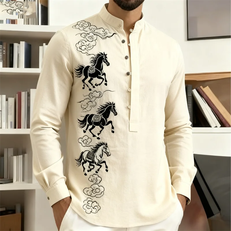 Noxwear - New men's casual fashion street men's 3D horse print shirt with collar and long sleeved top men's long sleeved shirt