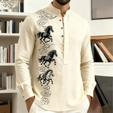 Noxwear - New men's casual fashion street men's 3D horse print shirt with collar and long sleeved top men's long sleeved shirt